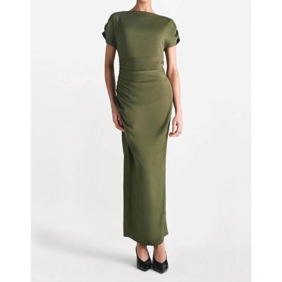 Lela Rose Heather Crepe Satin Ruched Dress Gown Forest Green - Picture 5 of 14